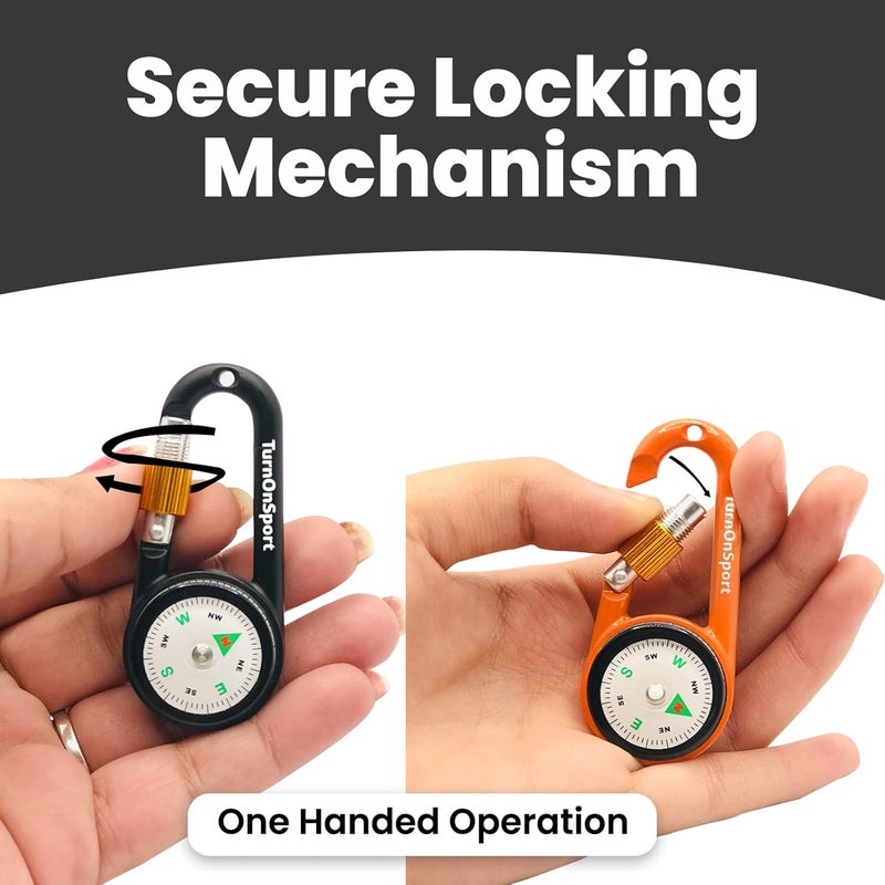 TurnOnSport Carabiner Clip On Compass Hiking - Compact Compass Keychain Backpacks | Small Pocket Magnetic Compass Keychain for Kids - Hiking Compass Twist Lock | Keyring Keychains Outdoor Survival Camping 2 pcs - Image 4
